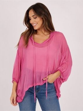 Baba Pink 100% Viscose Hooded Batwing Poncho Top One Size